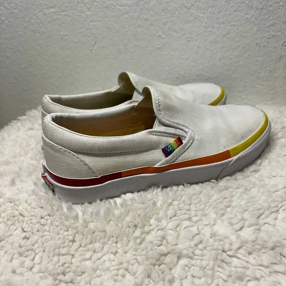 Vans Classic Slip On Shoes 5.5M 7W True White Rainbow Foxing Canvas Casual Skate